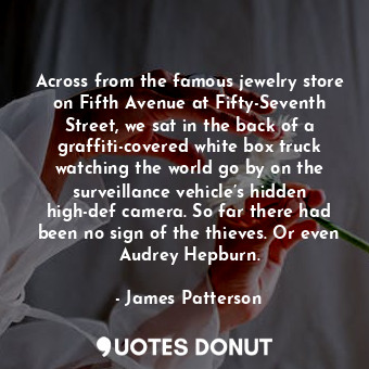 Across from the famous jewelry store on Fifth Avenue at Fifty-Seventh Street, we sat in the back of a graffiti-covered white box truck watching the world go by on the surveillance vehicle’s hidden high-def camera. So far there had been no sign of the thieves. Or even Audrey Hepburn.