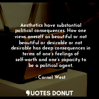 Aesthetics have substantial political consequences. How one views oneself as beautiful or not beautiful or desirable or not desirable has deep consequences in terms of one’s feelings of self-worth and one’s capacity to be a political agent.