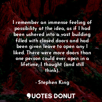 I remember an immense feeling of possibility at the idea, as if I had been ushered into a vast building filled with closed doors and had been given leave to open any I liked. There were more doors than one person could ever open in a lifetime, I thought (and still think).