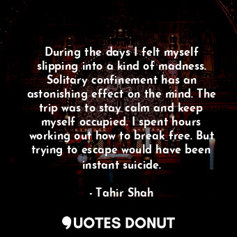  During the days I felt myself slipping into a kind of madness. Solitary confinem... - Tahir Shah - Quotes Donut