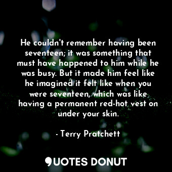 He couldn't remember having been seventeen; it was something that must have happened to him while he was busy. But it made him feel like he imagined it felt like when you were seventeen, which was like having a permanent red-hot vest on under your skin.