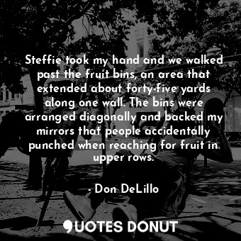 Steffie took my hand and we walked past the fruit bins, an area that extended about forty-five yards along one wall. The bins were arranged diagonally and backed my mirrors that people accidentally punched when reaching for fruit in upper rows.