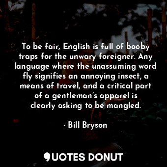 To be fair, English is full of booby traps for the unwary foreigner. Any language where the unassuming word fly signifies an annoying insect, a means of travel, and a critical part of a gentleman’s apparel is clearly asking to be mangled.