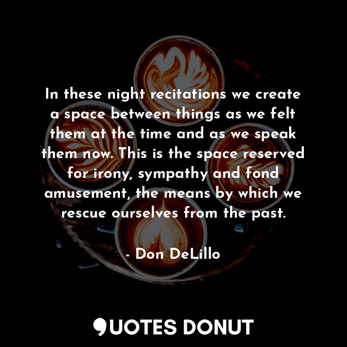  In these night recitations we create a space between things as we felt them at t... - Don DeLillo - Quotes Donut