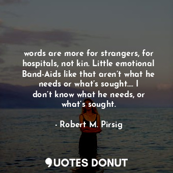 words are more for strangers, for hospitals, not kin. Little emotional Band-Aids like that aren’t what he needs or what’s sought…. I don’t know what he needs, or what’s sought.