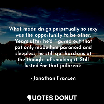 What made drugs perpetually so sexy was the opportunity to be other. Years after he'd figured out that pot only made him paranoid and sleepless, he still got hard-ons at the thought of smoking it. Still lusted for that jailbreak.