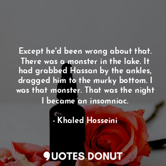 Except he'd been wrong about that. There was a monster in the lake. It had grabbed Hassan by the ankles, dragged him to the murky bottom. I was that monster. That was the night I became an insomniac.