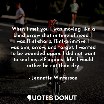  When I met you I was moving like a blind arrow shot in time of need. I was flint... - Jeanette Winterson - Quotes Donut