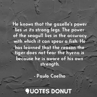 He knows that the gazelle's power lies in its strong legs. The power of the seagull lies in the accuracy with which it can spear a fish. He has learned that the reason the tiger does not fear the hyena is because he is aware of his own strength.