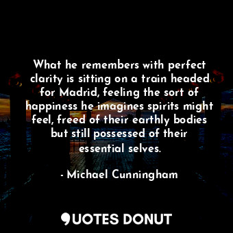 What he remembers with perfect clarity is sitting on a train headed for Madrid, feeling the sort of happiness he imagines spirits might feel, freed of their earthly bodies but still possessed of their essential selves.