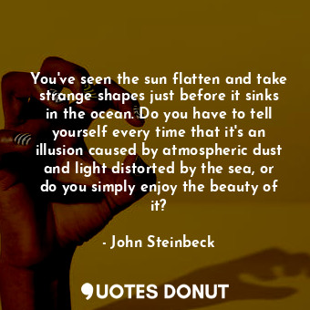 You've seen the sun flatten and take strange shapes just before it sinks in the ocean. Do you have to tell yourself every time that it's an illusion caused by atmospheric dust and light distorted by the sea, or do you simply enjoy the beauty of it?