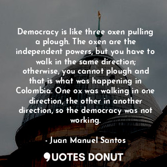  Democracy is like three oxen pulling a plough. The oxen are the independent powe... - Juan Manuel Santos - Quotes Donut