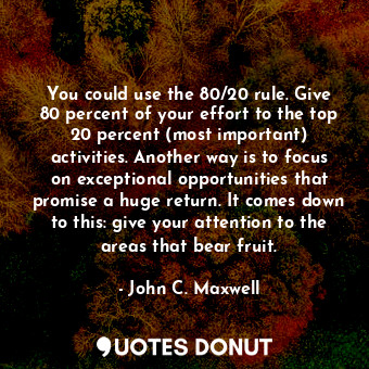 You could use the 80/20 rule. Give 80 percent of your effort to the top 20 percent (most important) activities. Another way is to focus on exceptional opportunities that promise a huge return. It comes down to this: give your attention to the areas that bear fruit.
