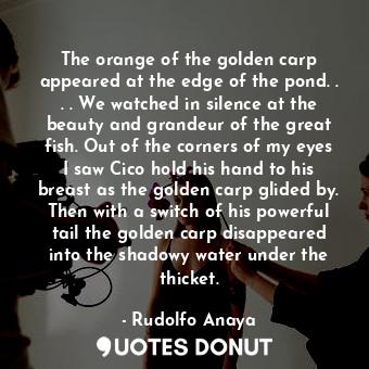 The orange of the golden carp appeared at the edge of the pond. . . . We watched in silence at the beauty and grandeur of the great fish. Out of the corners of my eyes I saw Cico hold his hand to his breast as the golden carp glided by. Then with a switch of his powerful tail the golden carp disappeared into the shadowy water under the thicket.