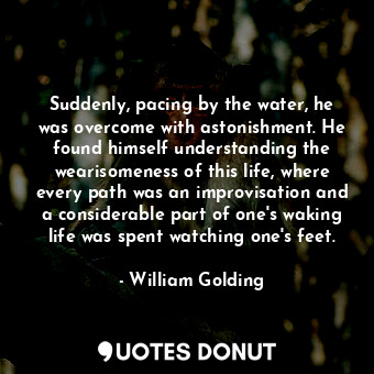 Suddenly, pacing by the water, he was overcome with astonishment. He found himself understanding the wearisomeness of this life, where every path was an improvisation and a considerable part of one's waking life was spent watching one's feet.