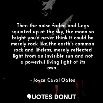 Then the noise faded and Legs squinted up at the sky, the moon so bright you'd never think it could be merely rock like the earth's common rock and lifeless, merely reflected light from an invisible sun and not a powerful living light of its own...