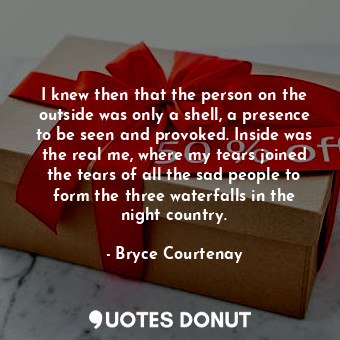 I knew then that the person on the outside was only a shell, a presence to be seen and provoked. Inside was the real me, where my tears joined the tears of all the sad people to form the three waterfalls in the night country.