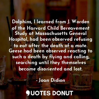 Dolphins, I learned from J. Worden of the Harvard Child Bereavement Study at Massachusetts General Hospital, had been observed refusing to eat after the death of a mate. Geese had been observed reacting to such a death by flying and calling, searching until they themselves became disoriented and lost.