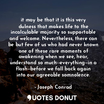 it may be that it is this very dulness that makes life to the incalculable majority so supportable and welcome. Nevertheless, there can be but few of us who had never known one of these rare moments of awakening when we see, hear, understand so much--everything--in a flash--before we fall back again into our agreeable somnolence.