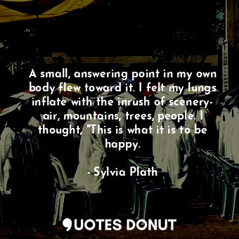 A small, answering point in my own body flew toward it. I felt my lungs inflate with the inrush of scenery- air, mountains, trees, people. I thought, "This is what it is to be happy.