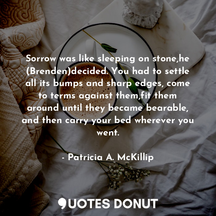 Sorrow was like sleeping on stone,he (Brenden)decided. You had to settle all its bumps and sharp edges, come to terms against them,fit them around until they became bearable, and then carry your bed wherever you went.