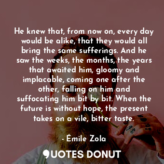  He knew that, from now on, every day would be alike, that they would all bring t... - Émile Zola - Quotes Donut