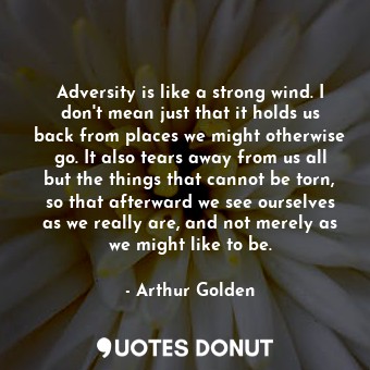  Adversity is like a strong wind. I don't mean just that it holds us back from pl... - Arthur Golden - Quotes Donut
