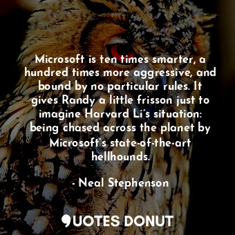 Microsoft is ten times smarter, a hundred times more aggressive, and bound by no particular rules. It gives Randy a little frisson just to imagine Harvard Li’s situation: being chased across the planet by Microsoft’s state-of-the-art hellhounds.