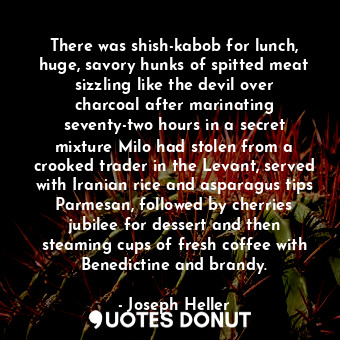 There was shish-kabob for lunch, huge, savory hunks of spitted meat sizzling like the devil over charcoal after marinating seventy-two hours in a secret mixture Milo had stolen from a crooked trader in the Levant, served with Iranian rice and asparagus tips Parmesan, followed by cherries jubilee for dessert and then steaming cups of fresh coffee with Benedictine and brandy.