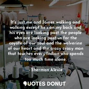 It's just me and James walking and walking except he's on my back and his eyes are looking past the people who are looking past us for the coyote of our soul and the wolverine of our heart and the crazy crazy man that touches every Indian who spends too much time alone.
