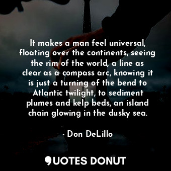 It makes a man feel universal, floating over the continents, seeing the rim of the world, a line as clear as a compass arc, knowing it is just a turning of the bend to Atlantic twilight, to sediment plumes and kelp beds, an island chain glowing in the dusky sea.