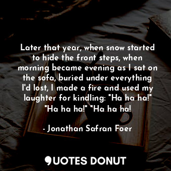 Later that year, when snow started to hide the front steps, when morning became evening as I sat on the sofa, buried under everything I'd lost, I made a fire and used my laughter for kindling: "Ha ha ha!" "Ha ha ha!" "Ha ha ha!