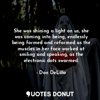 She was shining a light on us, she was coming into being, endlessly being formed and reformed as the muscles in her face worked at smiling and speaking, as the electronic dots swarmed.