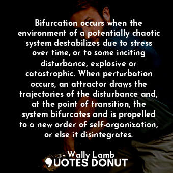 Bifurcation occurs when the environment of a potentially chaotic system destabilizes due to stress over time, or to some inciting disturbance, explosive or catastrophic. When perturbation occurs, an attractor draws the trajectories of the disturbance and, at the point of transition, the system bifurcates and is propelled to a new order of self-organization, or else it disintegrates.
