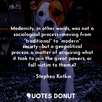 Modernity, in other words, was not a sociological process—moving from “traditional” to “modern” society—but a geopolitical process: a matter of acquiring what it took to join the great powers, or fall victim to them.47