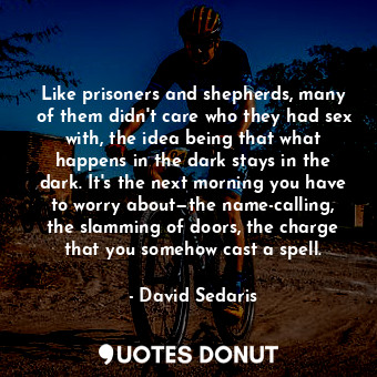 Like prisoners and shepherds, many of them didn't care who they had sex with, the idea being that what happens in the dark stays in the dark. It's the next morning you have to worry about—the name-calling, the slamming of doors, the charge that you somehow cast a spell.