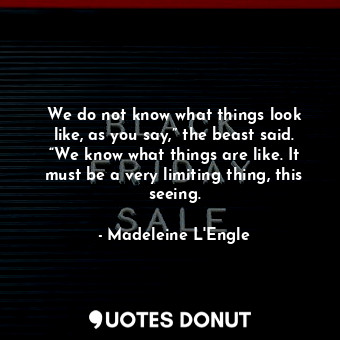 We do not know what things look like, as you say,” the beast said. “We know what things are like. It must be a very limiting thing, this seeing.