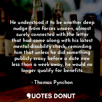 He understood it to be another deep nudge from forces unseen, almost surely connected with the letter that had come along with his latest mental-disability check, reminding him that unless he did something publicly crazy before a date now less than a week away, he would no longer qualify for benefits.