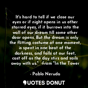 It's hard to tell if we close our eyes or if night opens in us other starred eyes, if it burrows into the wall of our dream till some other door opens. But the dream is only the flitting costume of one moment, is spent in one beat of the darkness, and falls at our feet, cast off as the day stirs and sails away with us."  -from "In the Tower