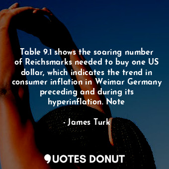 Table 9.1 shows the soaring number of Reichsmarks needed to buy one US dollar, which indicates the trend in consumer inflation in Weimar Germany preceding and during its hyperinflation. Note