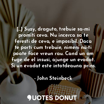 [...] Suzy, draguto, trebuie sa-mi promiti ceva. Nu incerca sa te feresti de ceva, e imposibil. Daca te porti cum trebuie, nimeni nu-ti poate face vreun rau. Cand un om fuge de el insusi, ajunge un evadat. Si un evadat este intotdeauna prins.