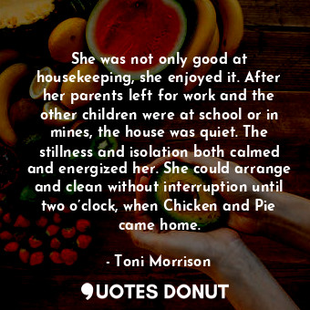 She was not only good at housekeeping, she enjoyed it. After her parents left for work and the other children were at school or in mines, the house was quiet. The stillness and isolation both calmed and energized her. She could arrange and clean without interruption until two o’clock, when Chicken and Pie came home.