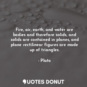 Fire, air, earth, and water are bodies and therefore solids, and solids are contained in planes, and plane rectilinear figures are made up of triangles.