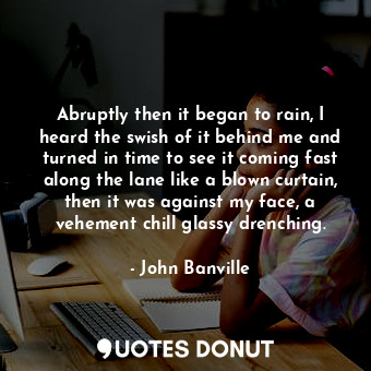 Abruptly then it began to rain, I heard the swish of it behind me and turned in time to see it coming fast along the lane like a blown curtain, then it was against my face, a vehement chill glassy drenching.