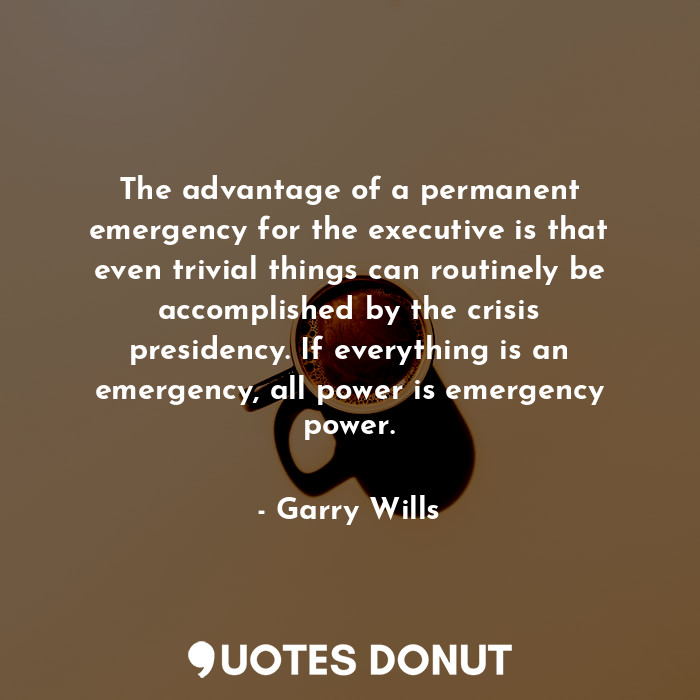 The advantage of a permanent emergency for the executive is that even trivial things can routinely be accomplished by the crisis presidency. If everything is an emergency, all power is emergency power.