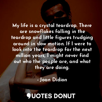 My life is a crystal teardrop. There are snowflakes falling in the teardrop and little figures trudging around in slow motion. If I were to look into the teardrop for the next million years, I might never find out who the people are, and what they are doing.