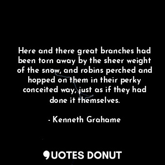 Here and there great branches had been torn away by the sheer weight of the snow, and robins perched and hopped on them in their perky conceited way, just as if they had done it themselves.