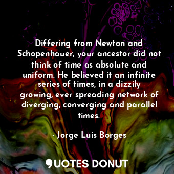 Differing from Newton and Schopenhauer, your ancestor did not think of time as absolute and uniform. He believed it an infinite series of times, in a dizzily growing, ever spreading network of diverging, converging and parallel times.