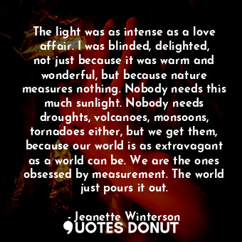  The light was as intense as a love affair. I was blinded, delighted, not just be... - Jeanette Winterson - Quotes Donut