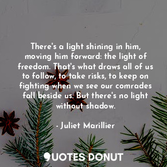 There's a light shining in him, moving him forward: the light of freedom. That's what draws all of us to follow, to take risks, to keep on fighting when we see our comrades fall beside us. But there's no light without shadow.